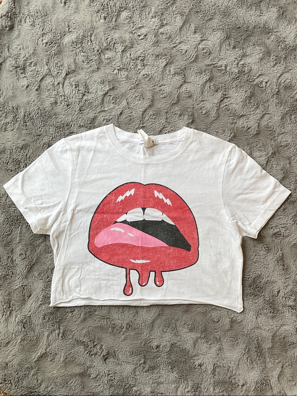 Fashion Nova White Crop Top with Red & Pink Lip Graphic
